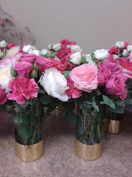 Pink Centerpieces with Gold Vase Bottoms